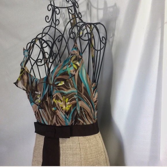 MILLY SAFARI SILK LINEN MIDI DRESS SPAGHETTI STRAP BEIGE BLUE BROWN US 2 SMALL - Picture 2 of 3